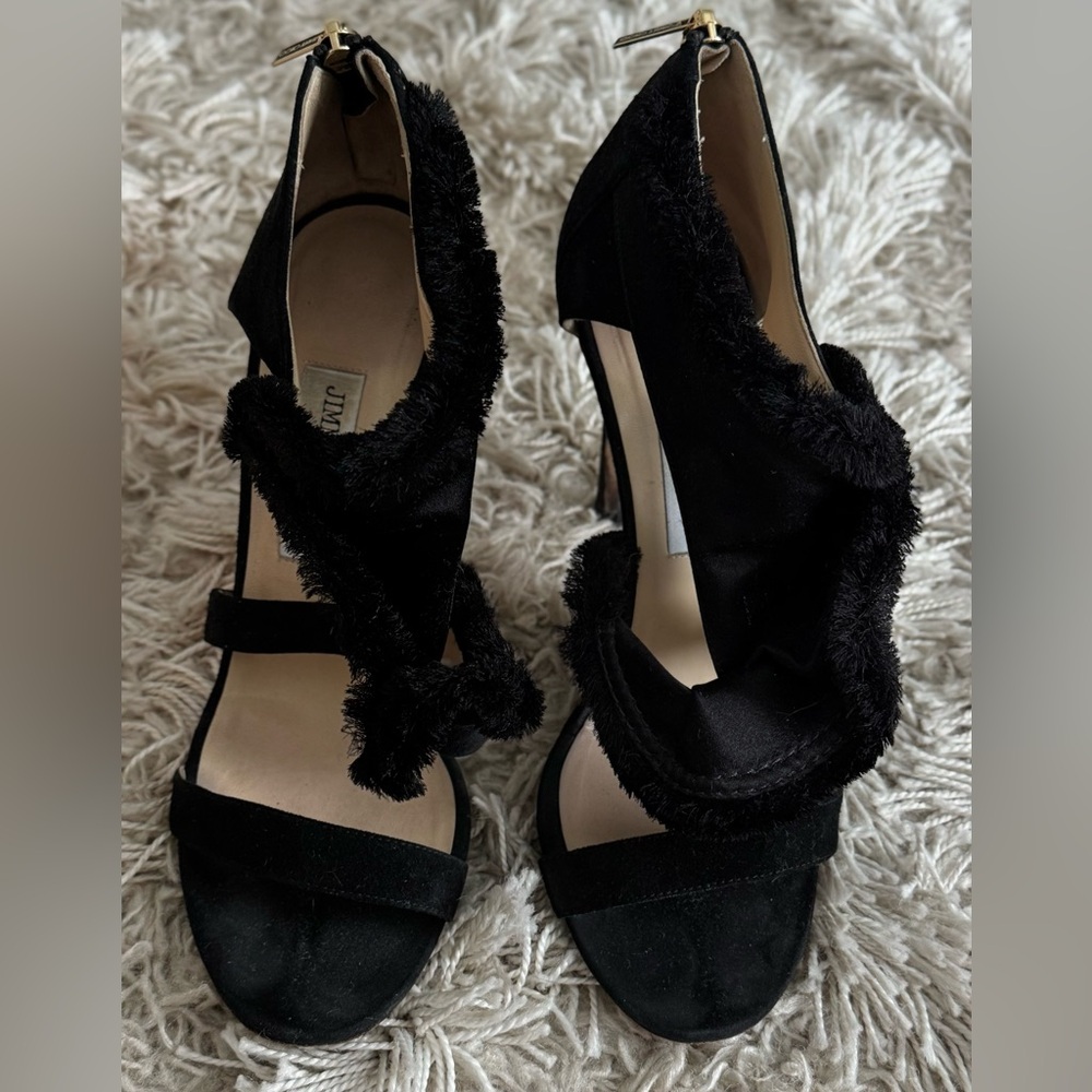Jimmy Choo Black Suade Fringe Open-Toe Sandals